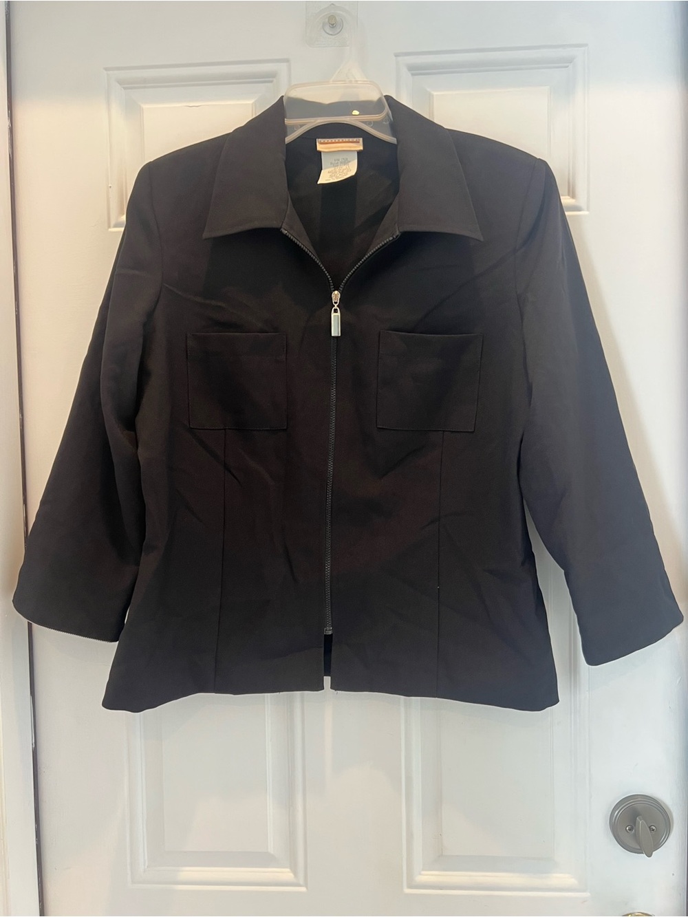 VTG Expressions Full Zip Black Blazer With Houndstooth Cuffs Size 12 # 898